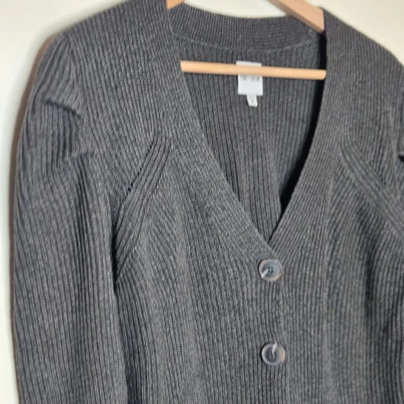 NIC+ZOE Ribbed Button Cardigan Pleated Shoulder Neutral Minimal - Picture 7 of 8